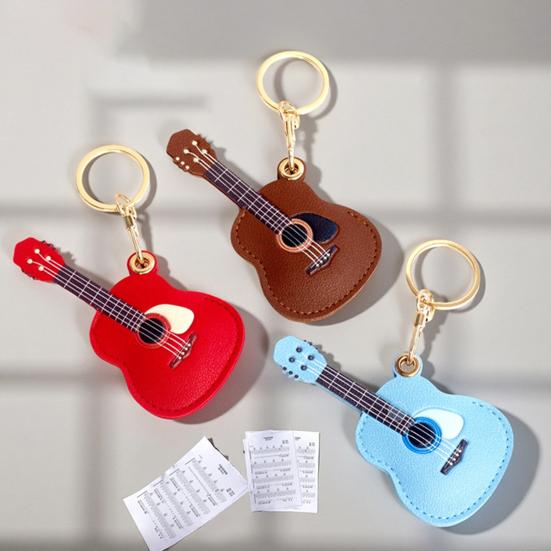 Keychain Pendant Musical Style Faux Leather Guitar Charm Keyring Access Card Holder Schoolbag Key Pendant Keychain Accessories