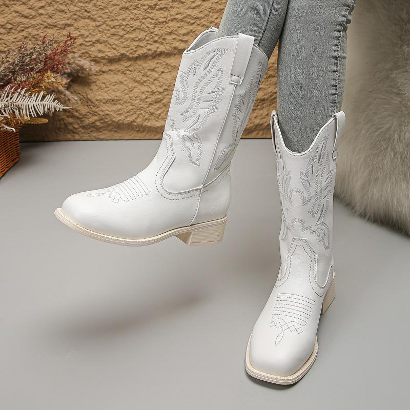 Fashion Autumn Shoes for Women New Embroidered Western Cowboy Boots Women Pointed Toe Thick Heel High Knee Boots Woman Botas De Mujer
