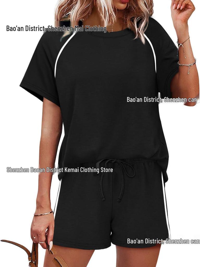 2026 Spring/Summer Women's Stretch Sport Casual Two-Piece Set - Round Neck Short Sleeve Top & Shorts