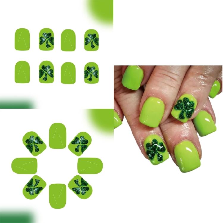24x Glittreing Stick on Nail Saint Patricks Day Press On Nail Clovers Full Cover False Nail Manicures Supplies