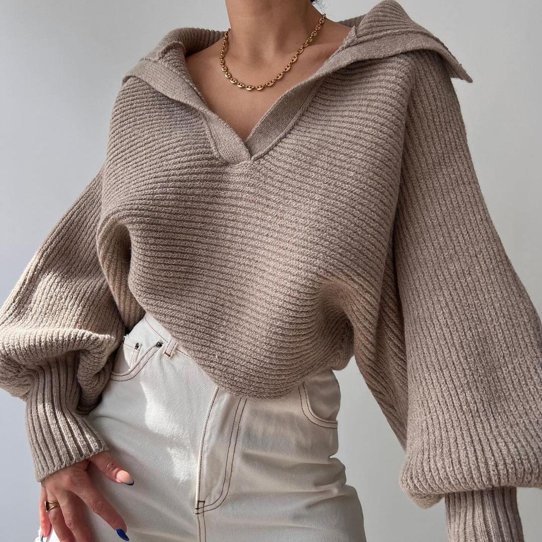 

Осень-зима Винтажный свободный топ с длинными рукавами однотонный пуловер трикотажный свитер с V-образным вырезом XL хаки