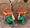 Hand Painted Wooden Elephant Stool Pair, Indian Folk Art Decorative Table