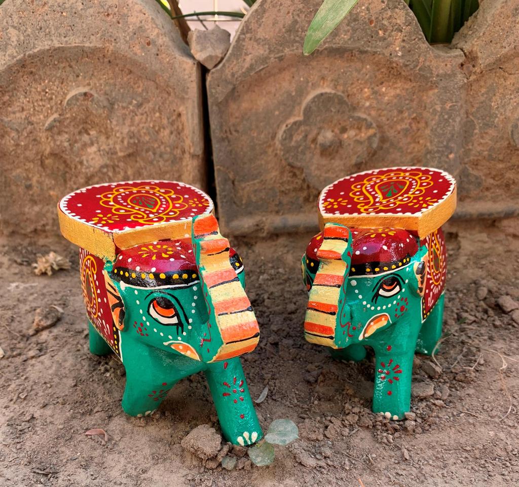 Hand Painted Wooden Elephant Stool Pair, Indian Folk Art Decorative Table