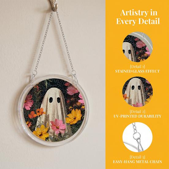 Durable Acrylic Halloween Suncatcher Jigsaw Puzzle Set, Spooky Ghost Floral Meadow Window Hanging Ornament with Metal Porch Decoration Frame & Chain,