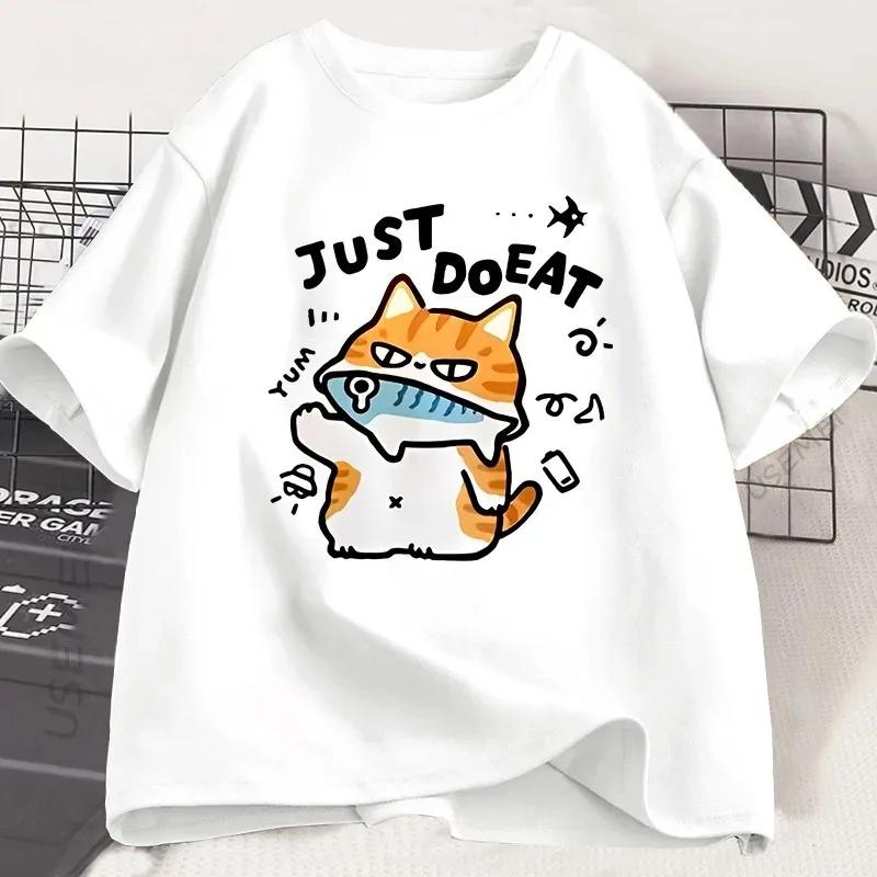 Funny Cat Eat Fish T-shirt for Women Summer Tops Tshirts O-neck Women Clothing Streetwear Short Sleeve T Shirt