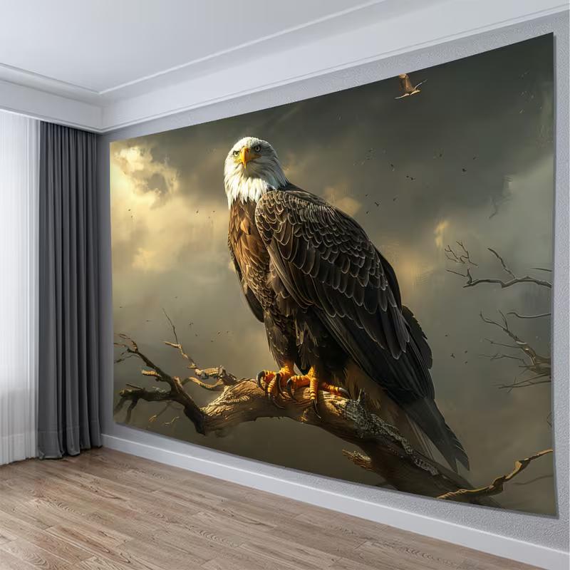 2D Bald Eagle on Branch Tapestry, Powerful Bird Wall Art for Home Decor