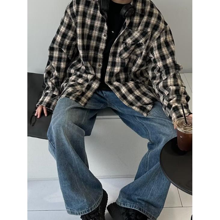 

Рубашка с вышивкой в клетку с начесом и каймой от американского модного бренда, повседневная универсальная рубашка для мужчин и женщин на весну и осень 2XL чёрный