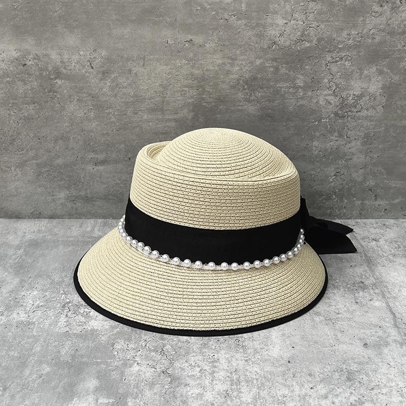Elegant Delicate Bow Straw Hat Women'S Summer Hepburn Wind Basin Hat Seaside Beach Hat Pearl Chain Bucket Hat