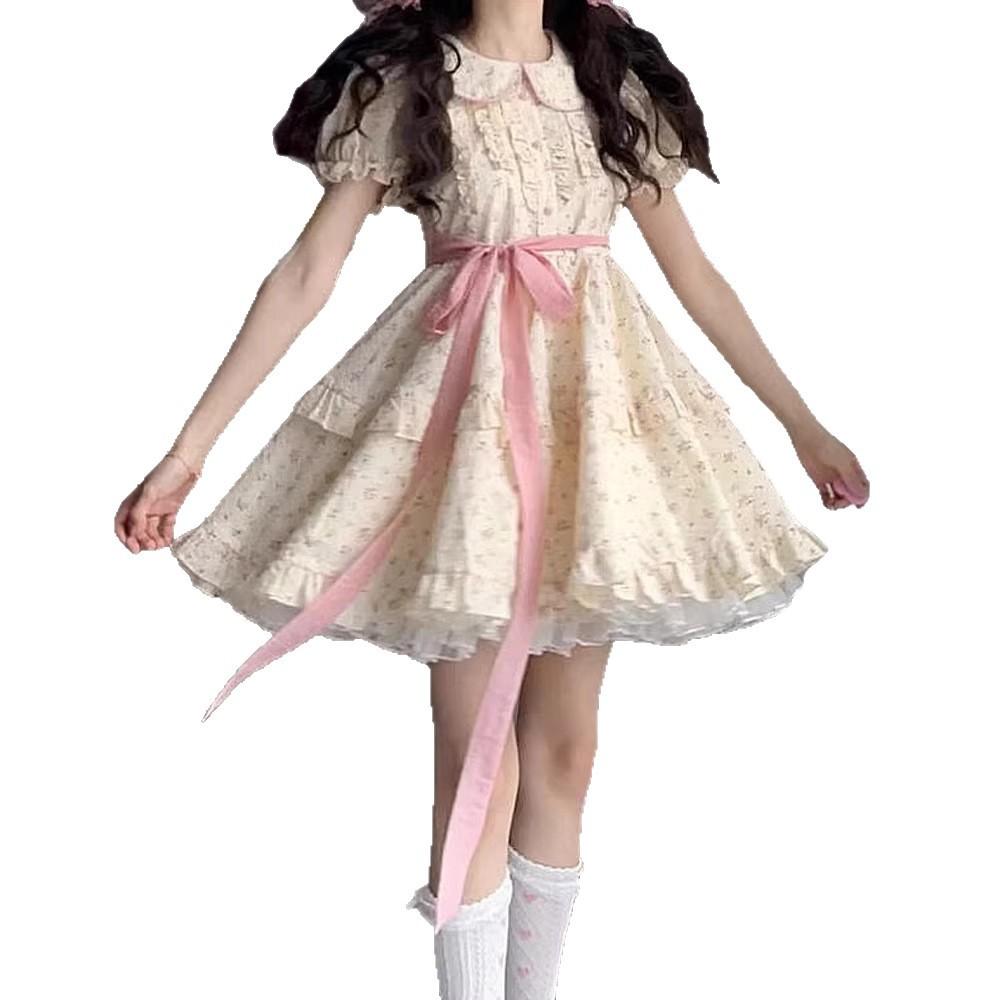 Preppy Style Cute Puff Sleeve Floral Dress, Female Student Summer Petite Waist-cinching Slimming Sweet-breasted Princess Dress