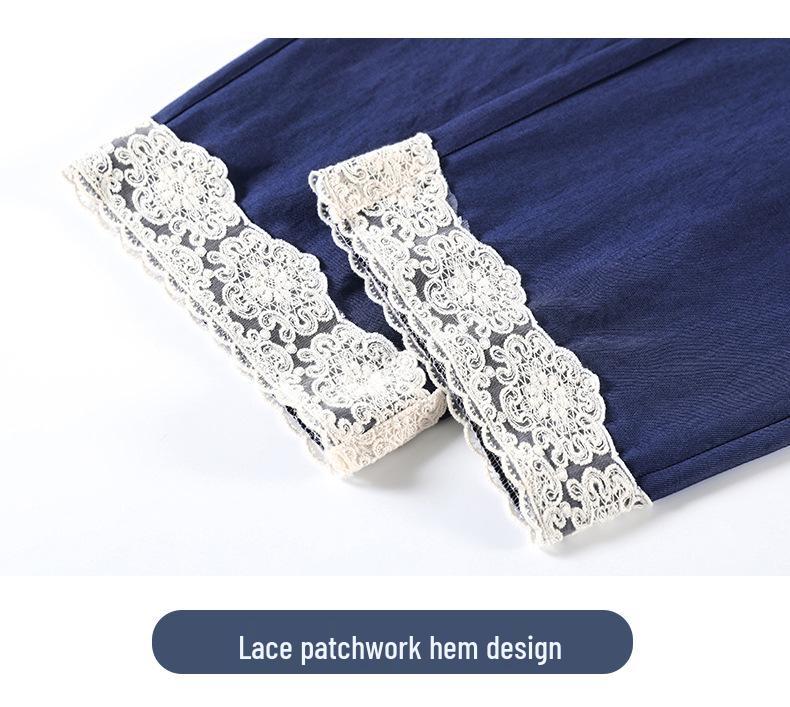 Women's Japanese High Waist Black Lace Trim Patchwork Cotton Wide Leg Cropped Pants - Spring/Summer Casual Loose Fit.