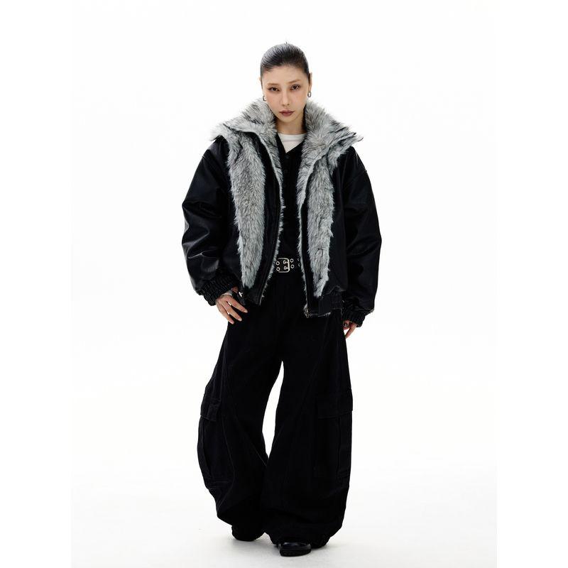 Kisko Winter American-Style Mountain Carving Warm Leather Jacket Cotton Coat for Men and Women, Cool Two-Piece Faux Silhouette Jacket Trendy