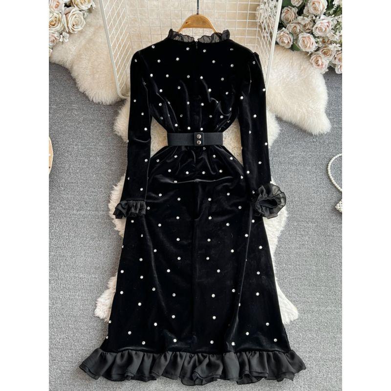 Fall and Winter Socialite Horn Long Sleeves Diamond Velvet Dress