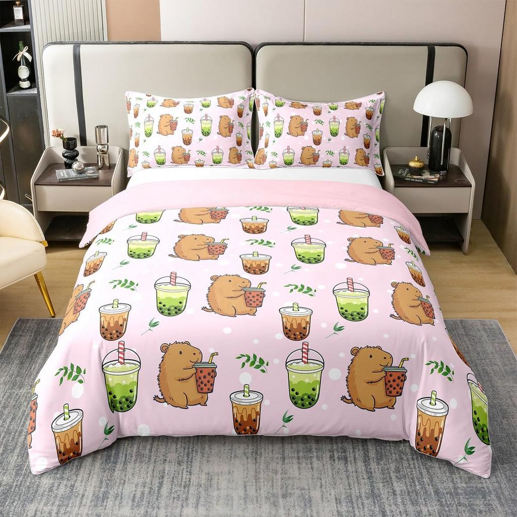 Cartoon Milk Tea Duvet Cover for Kids Teens Lightweight Quilt Covers Bedroom Decor Afternoon Tea Themed Bedspread Cover No Quilt