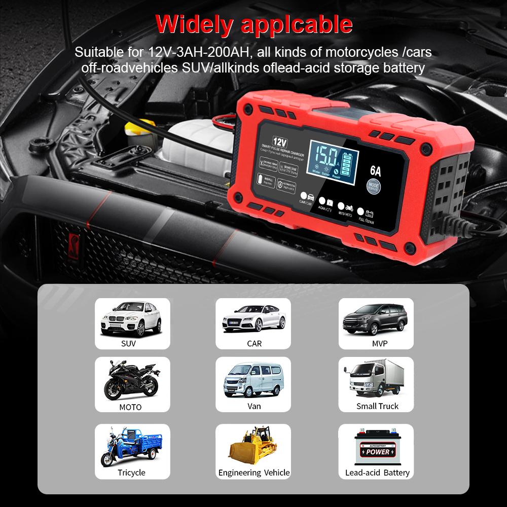Portable Battery Maintenance SUV 12V 6A Car Motorcycle Battery Charging Intelligent Pulse Repair Lead-Acid Smart Battery Charger