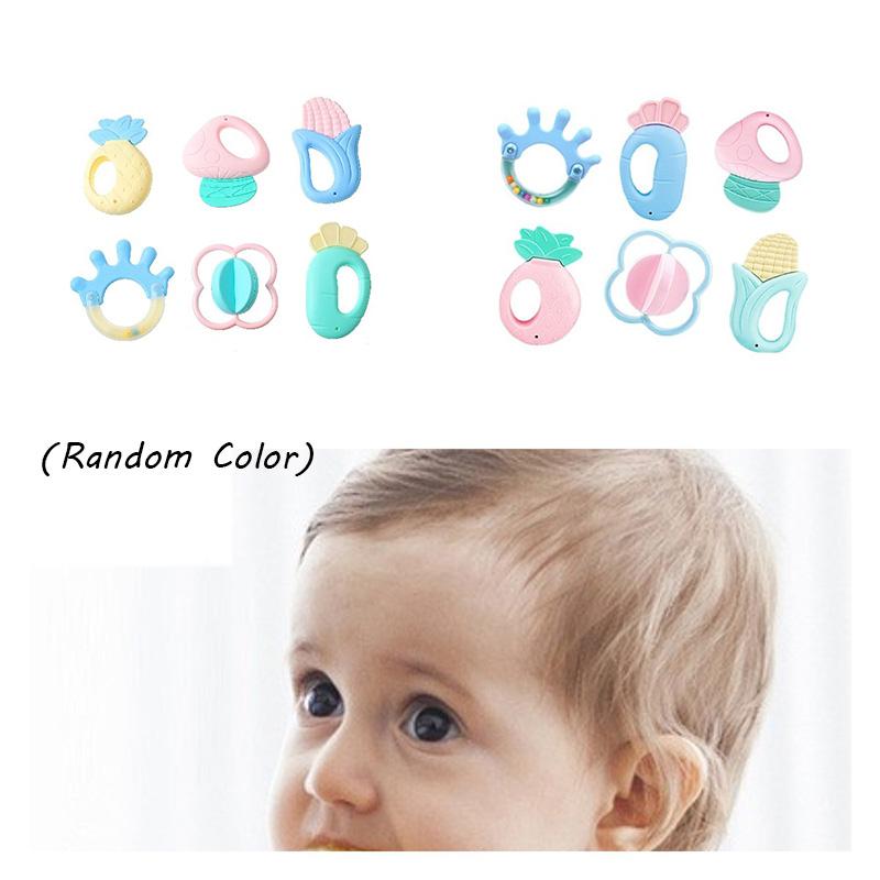 Baby 6pcs Silicone Rattle Set Infant Food Shaped Molar Stick Teething Toys Chew