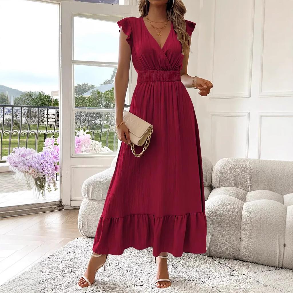 Elegant Solid Office Dress For Women Fashion Ruffles Short Sleeve V Neck High Waist Loose Dresses Robe Femme Summer Clothes
