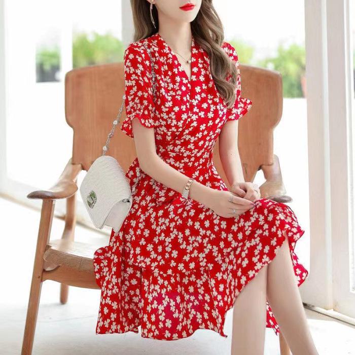 Women's A-line Floral Midi Dress - Summer V-Neck, Bell & Short Sleeves, Slim Waist