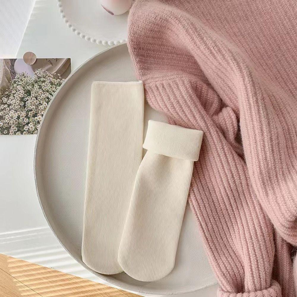 5Pairs Solid Color Thicken Warm Socks Stripe Winter Socks Women Thermal Mid Length Socks  Hosiery