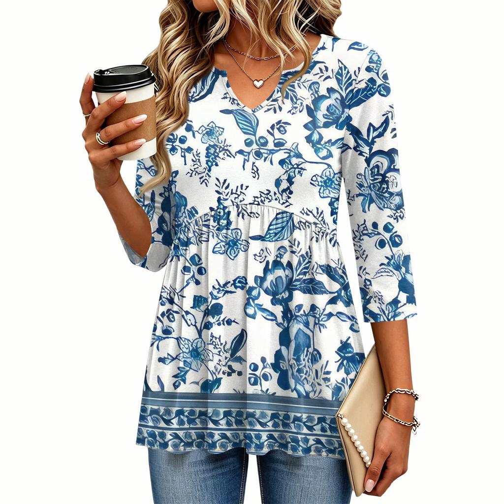 Women's Casual Floral Print V-Neck Three-Quarter Sleeve Blouse