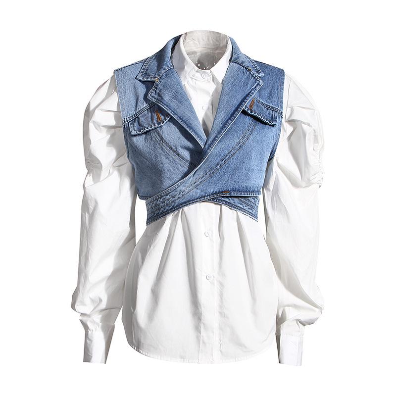 2024 Women's Two-Piece Fashion Set: Irregular Denim Vest with Puff Sleeve Shirt
