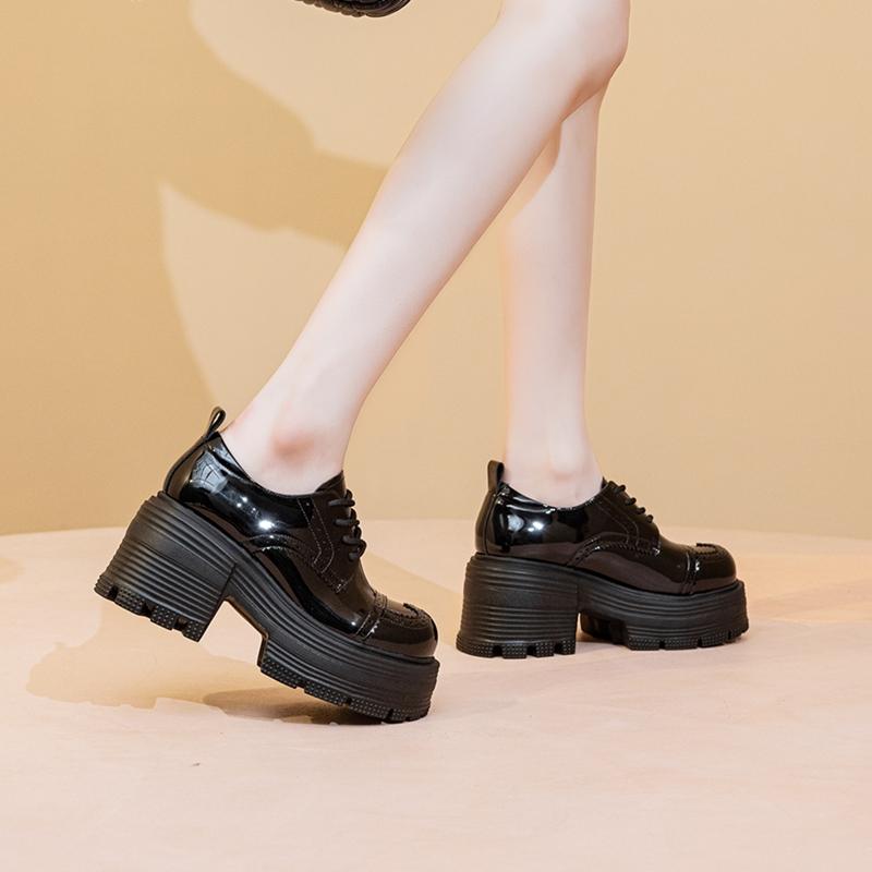 Brogue Women's Shoes 9cm Thick-soled Lace-up Loafers Female Comfortable and Height-enhancing Women High Heels