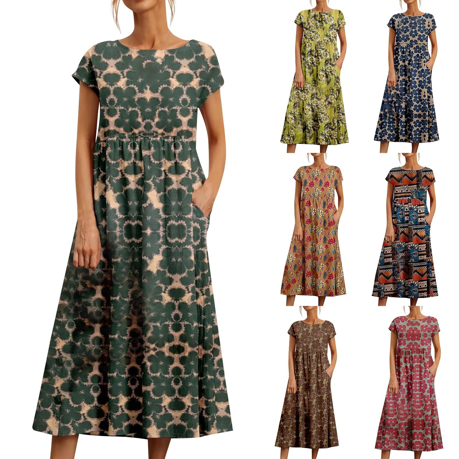 

Новое женское летнее свободное платье из хлопка и льна с короткими рукавами и круглым вырезом с принтом