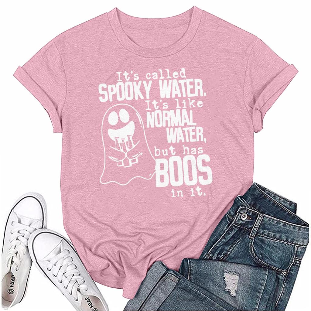 Women's Halloween Ghost Print Short Sleeve Loose Round Neck Pullover Top