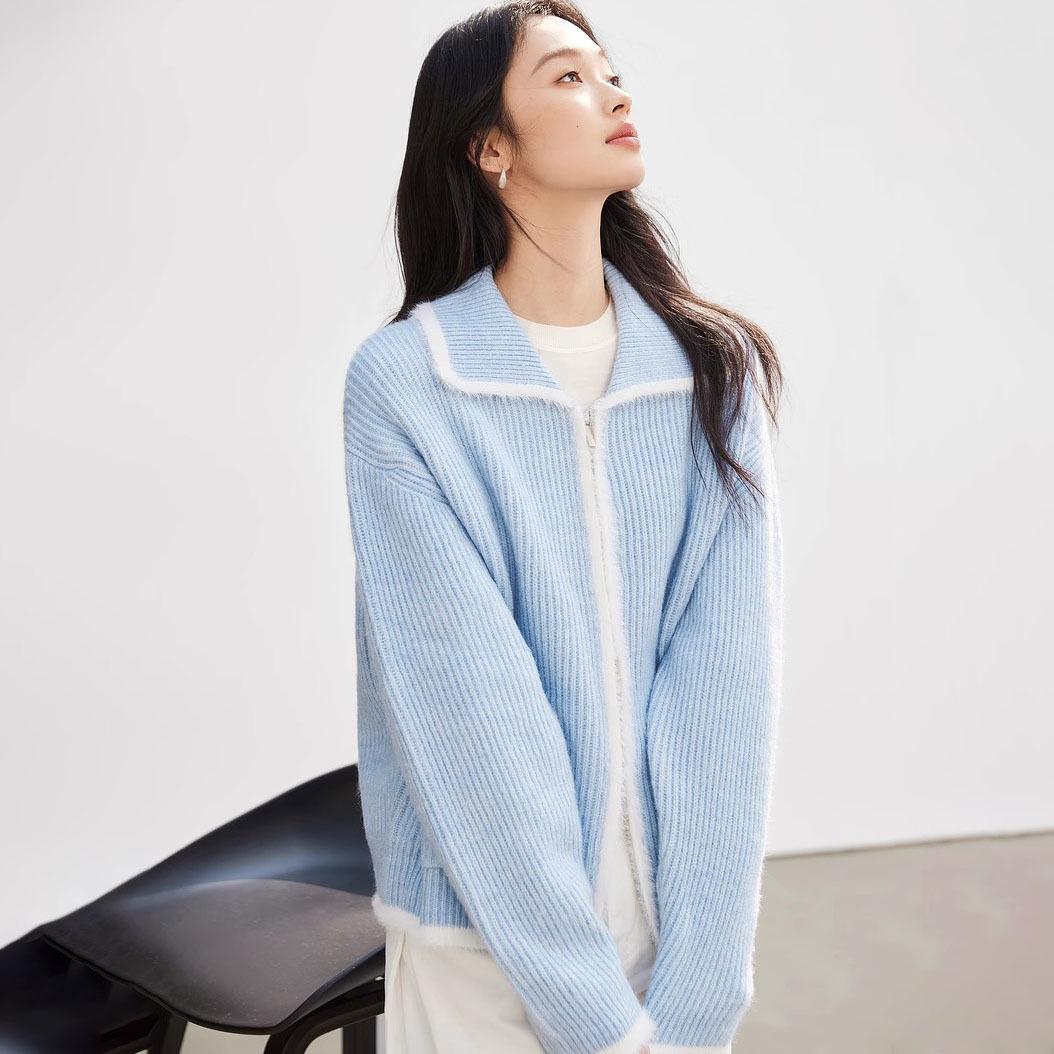 

Turn Down Collar Contrast Sweater Jacket Pocket Knitted Zip-Up Cardigan One size синій