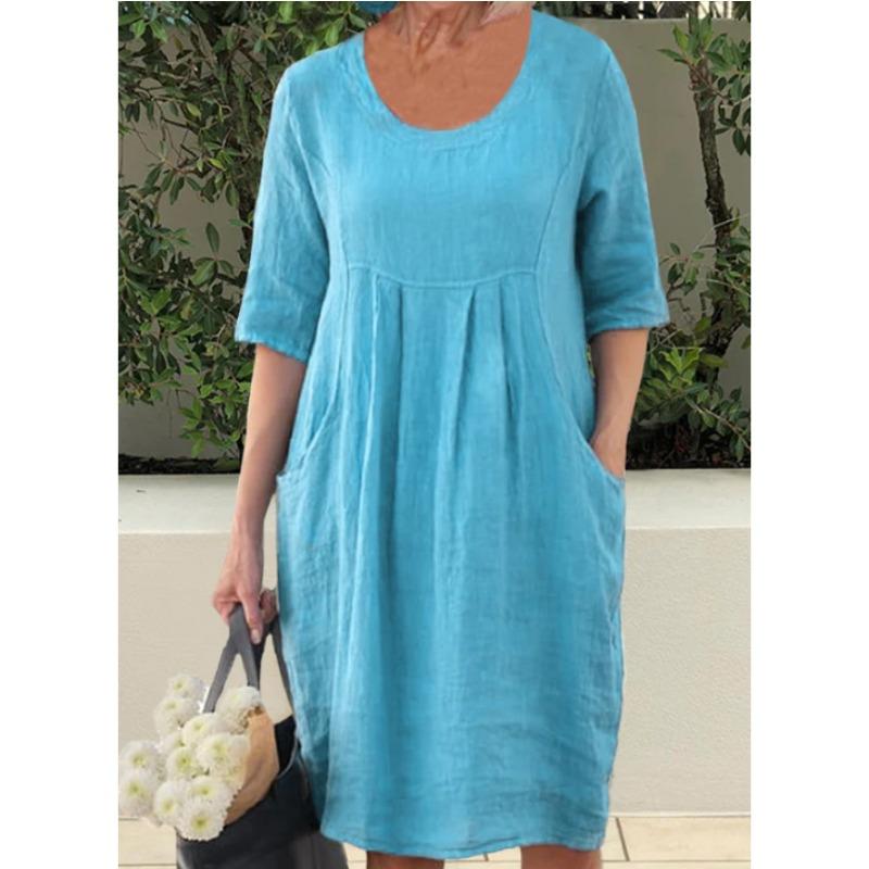 Sommer Locker Rundhals Kurzarmkleid Damen Übergröße Mode Plissiert Taschen Lässig Locker Partykleider Schlicht Elegant Einfarbig Kleidung