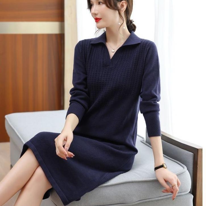 Solid Color Mid-length Knitted Dress for Women Casual Knitted Knitted Sweater Dress for Autumn and Winter Pullover