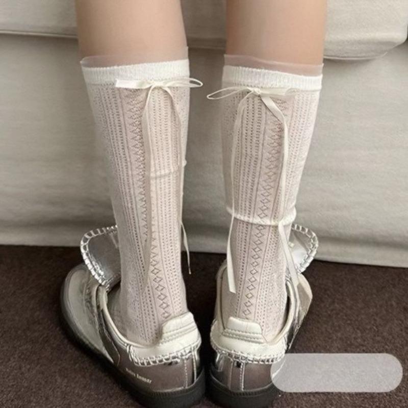 Short-sleeved Summer Lightweight Stockings for Women with Bow Ribbons At The Back of The Heel - A Sweet Long Stocking.