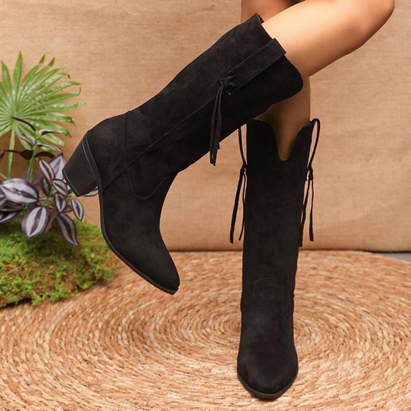 Fashion Fleece Thicken Warm Boots Women Winter 2025 Retro Slip On Faux Suede Mid Calf for Woman Pointed Toe High Heel Botas Mujer