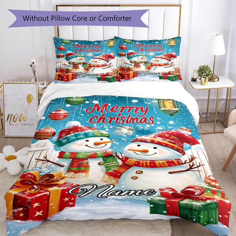 Beautiful Christmas Two Snowman Customize Your Name Bedding Set Breathable Duvet Cover With Pillowcases Decorative Bed Linen For Bedroom Home Decorati
