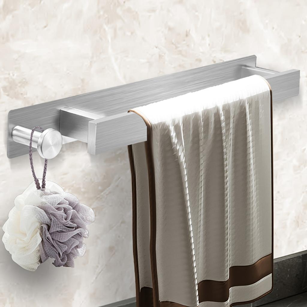 1pc Space-Saving Towel Bar With Hooks - No-Drill, Wall-Mounted Bathroom Towel Rack For Guests