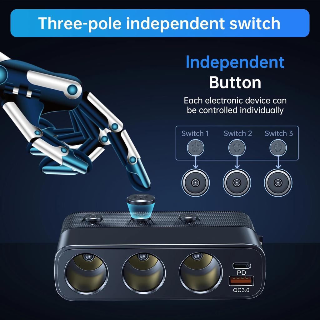 127W 7-in-1 Car Charger Splitter PD30W QC3.0 cigarette Lighter Adapter Car Cigarette Lighter Socket Splitter with Switch