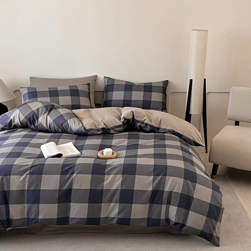 High Quality Grid Printed Flat Sheet Bedding Sets Light Luxury Cotton Soft Quilt Cover Single Double Bed Comfort Set for Adults