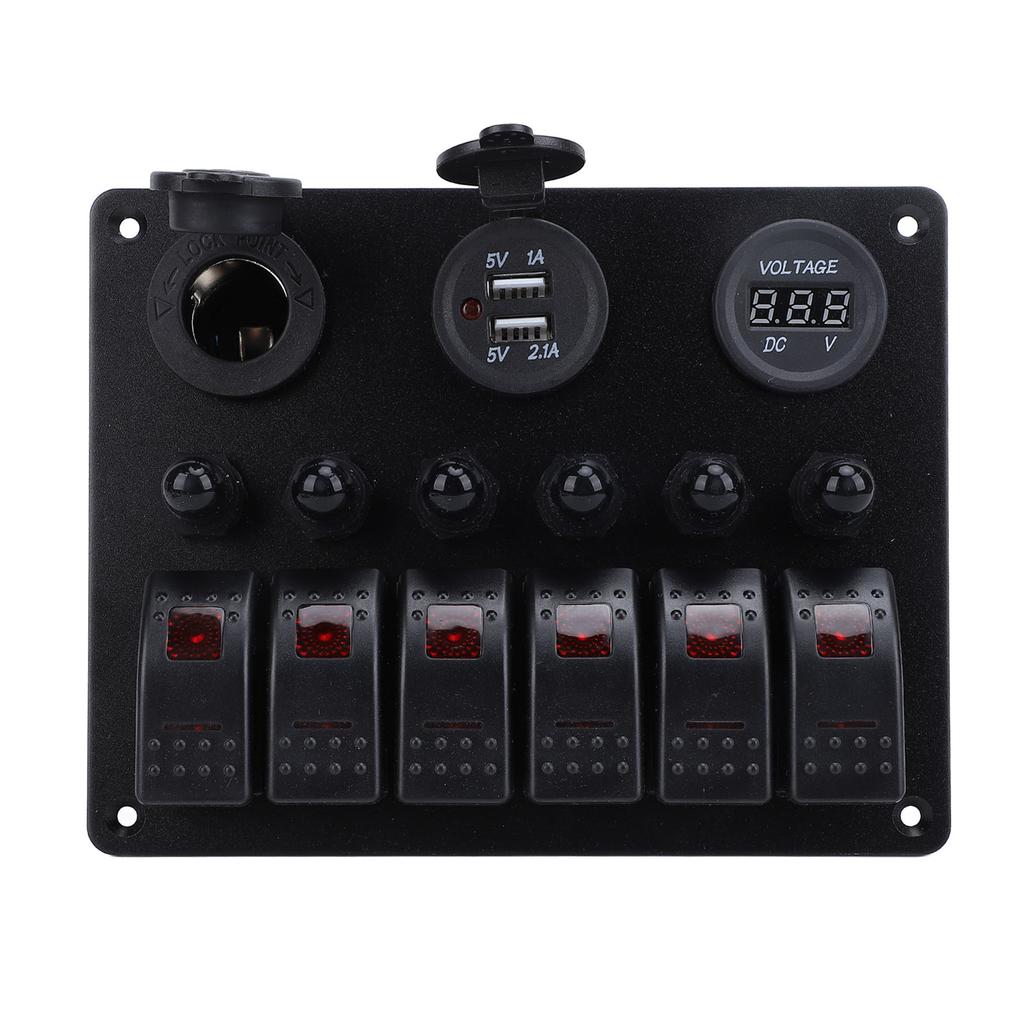 DC 12‑24V 6 Gang Rocker Switch Panel Overload Protection Dual USB Charger with Digital Voltmeter Display for Boats
