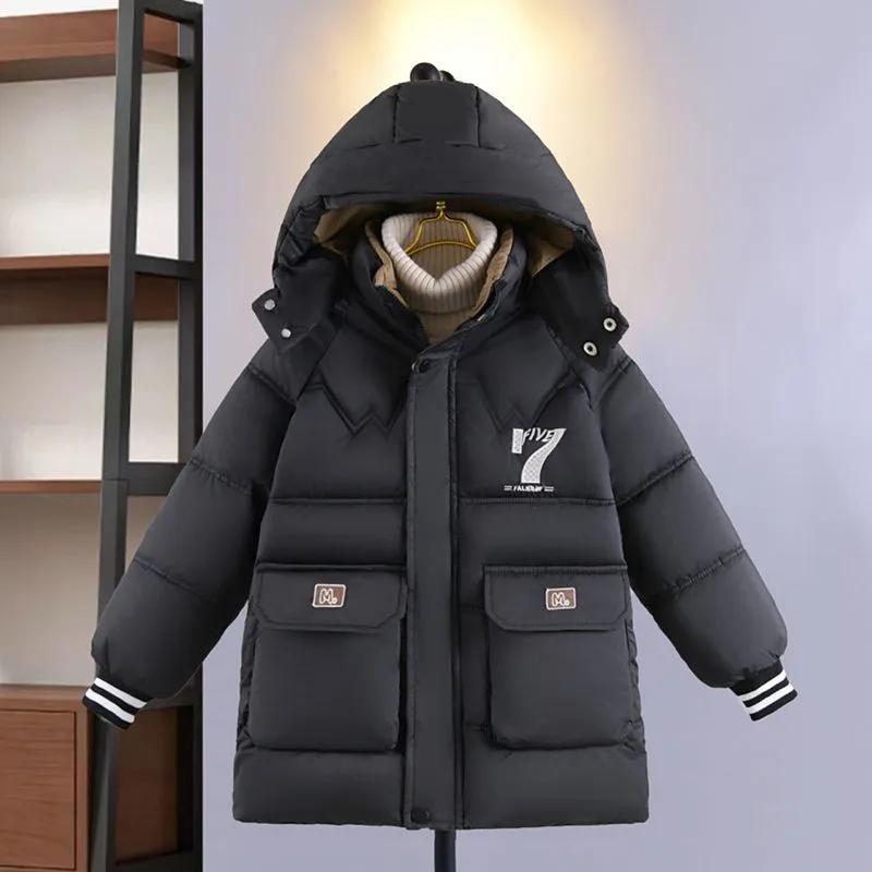 Zimní chlapecká bunda pro teenagery s potiskem písmene 7, podšitá sametem, silná teplá parka s kapucí na zip, kabát pro děti 6-14 let, bavlněný svrchní oděv