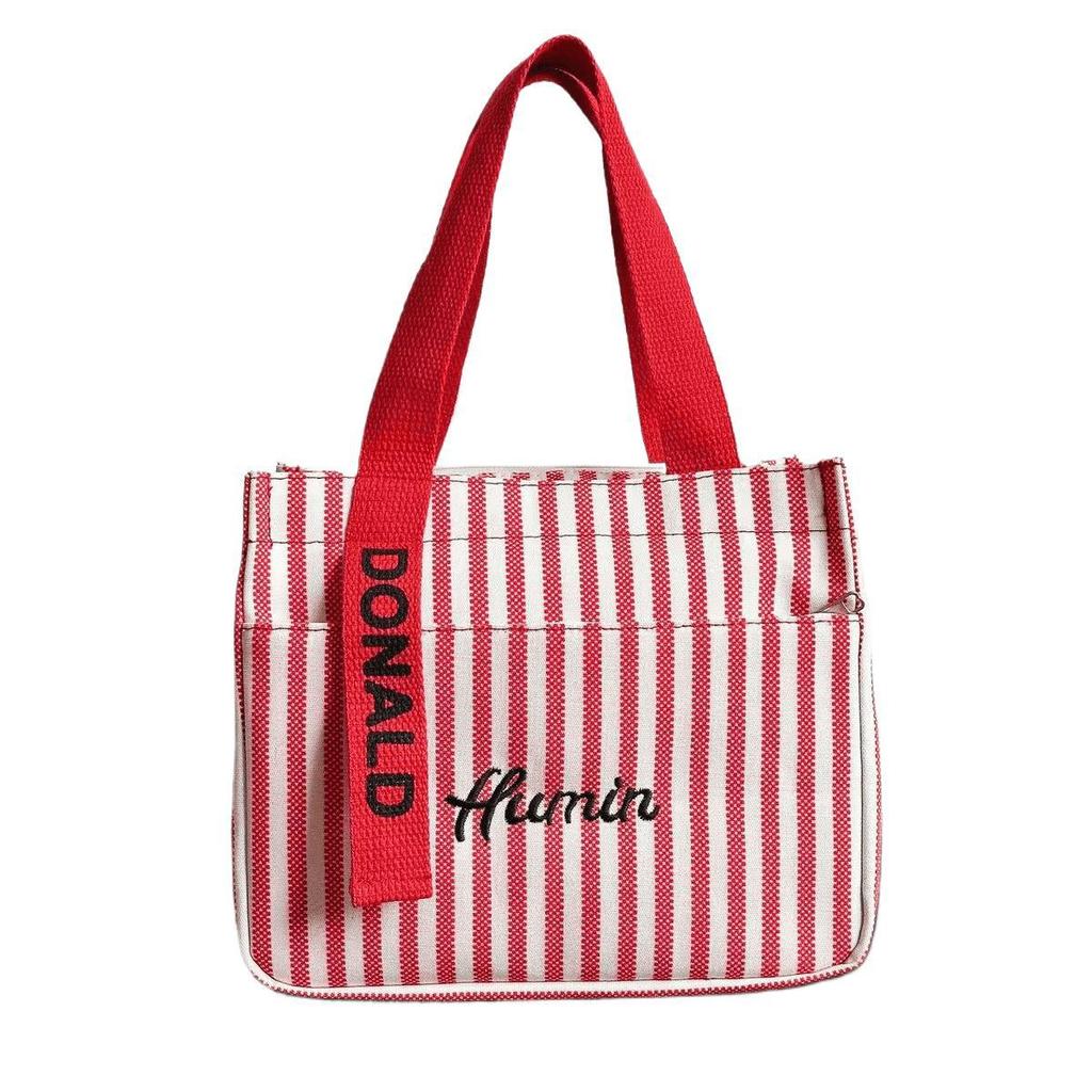 Striped Canvas Tote Bag with Zippered Outer Pocket – Versatile, Large-Capacity Bag for Women As Lunch, Mummy, or Work Bag