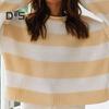 Women Pullover Sweater Wide Striped Color Block Crew Neck Long Sleeve Ribbed Cuffs Oversized Sweater Casual Knitwear