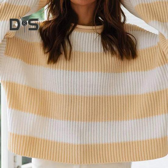 Women Pullover Sweater Wide Striped Color Block Crew Neck Long Sleeve Ribbed Cuffs Oversized Sweater Casual Knitwear
