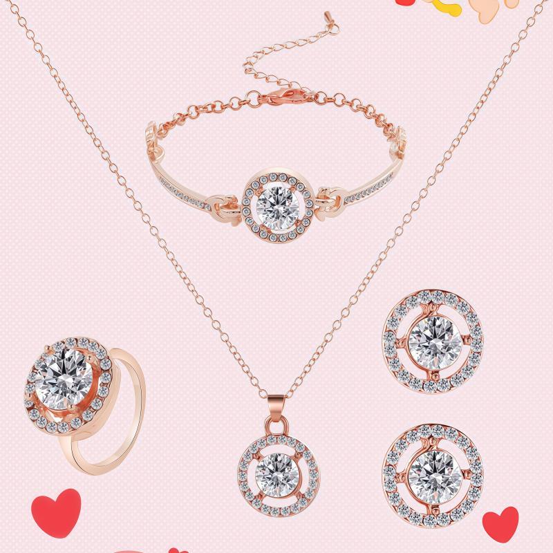 4PCS Sparkling Full Crystal Rhinestone Jewelry Set Earrings Necklace Bracelet Ring for Women Silver Plated Bridal Banquet Accessories