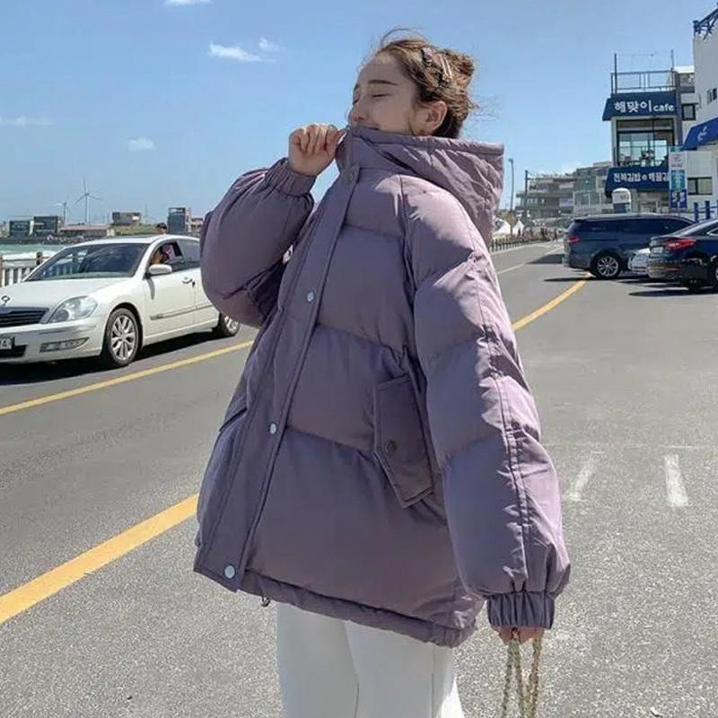 Jachetă de iarnă din bumbac cu glugă pentru femei Parka scurtă, haina caldă, rezistentă la vânt, jachetă îngroșată de puf, culoare solidă