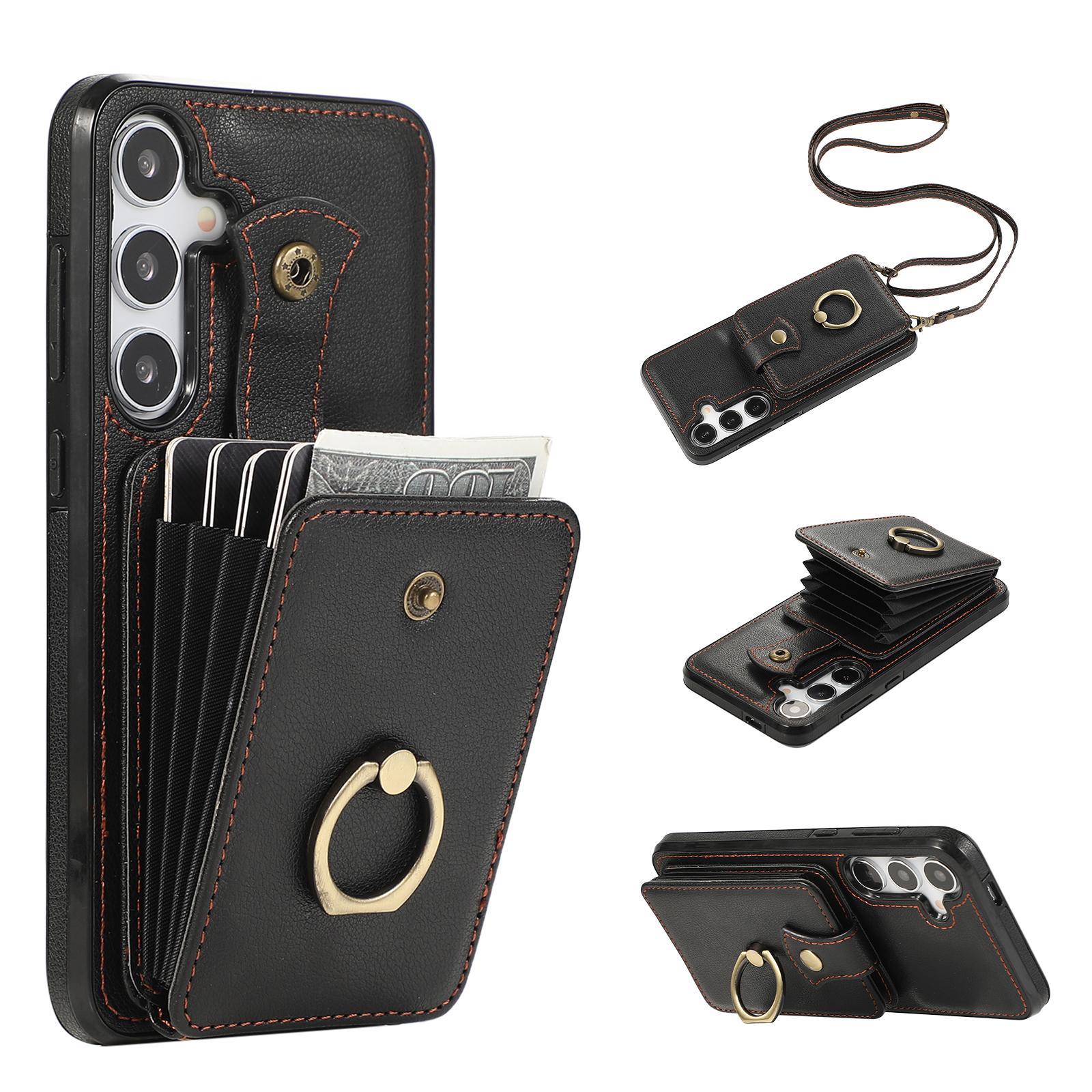 

For Samsung Galaxy A36 5G Case Card Holder Ring Kickstand TPU+PU Leather Phone Cover with Long Strap Black