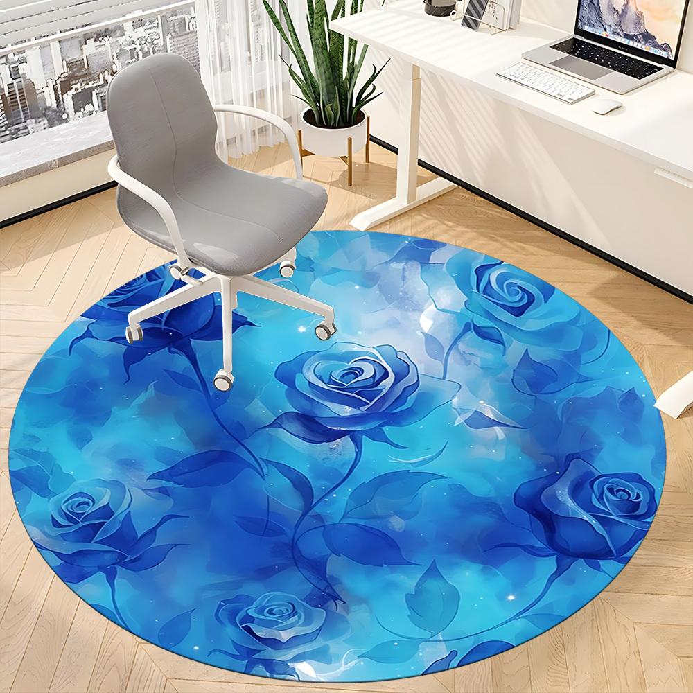 1pc Blue Roses Office Round Rug, Non-slip, Soft and Durable Office Rug for Interior Decoration, Perfect for Office, Beautiful Decoration Yy260324074