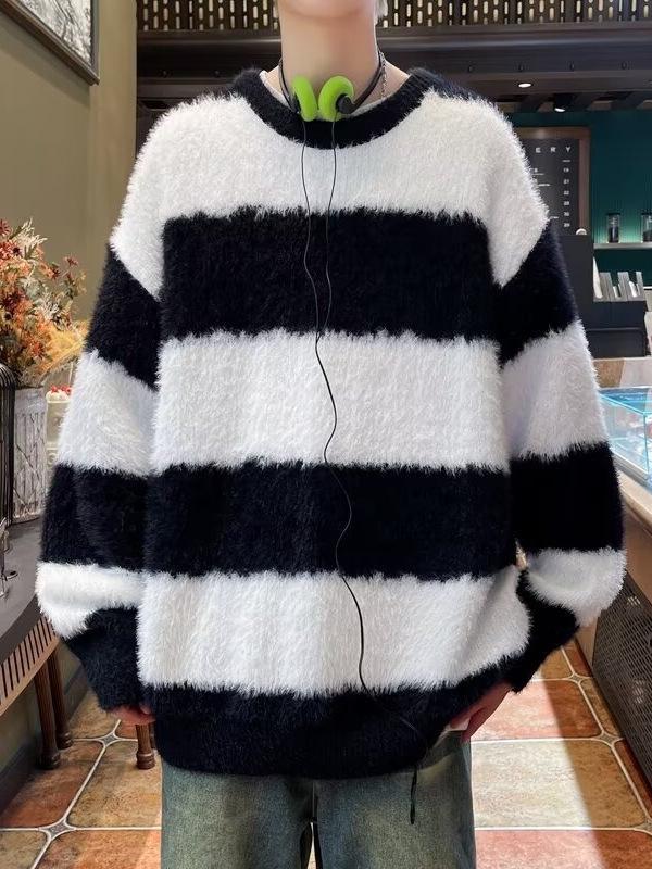 Unisex Japanese Striped Crew Neck Sweater – Cozy Loose Fit for Autumn/Winter