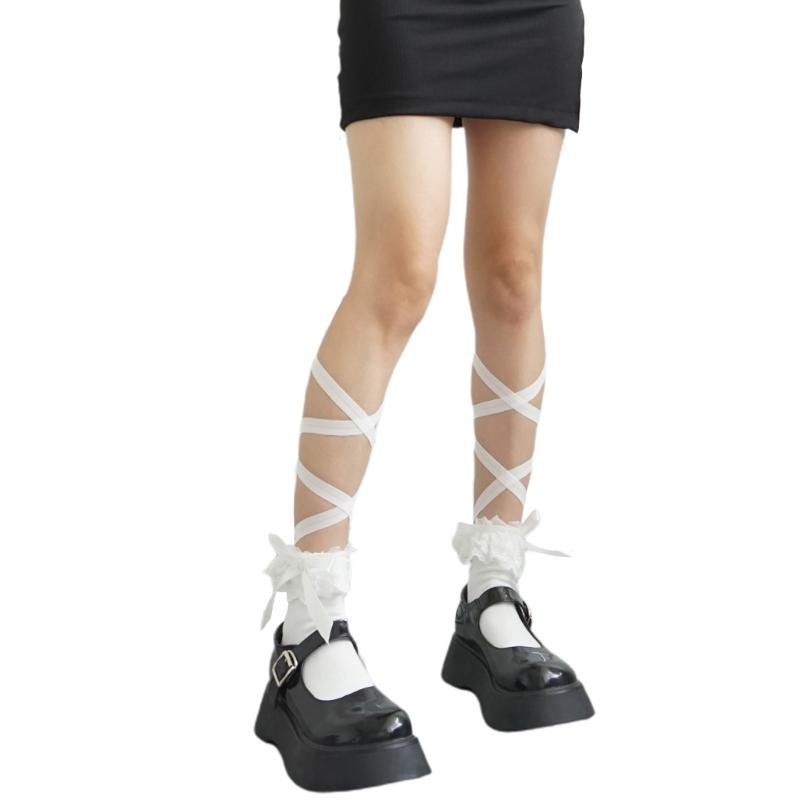 

Womens Knee Length Sock Ribbon Bows Tie Stocking Bandage Lacy Bows Tie Long Mesh Ballet Solid Sock for Summer Daily One Size білий