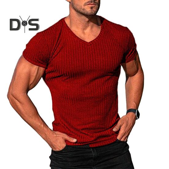 Мужская футболка с коротким рукавом и V-образным вырезом облегающая спортивная полосатая однотонная футболка дышащая спортивная одежда для спорта путешествий офиса M 1498₽