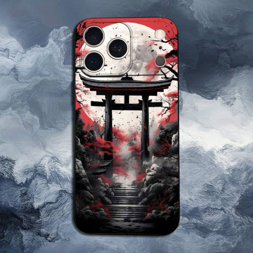 Art Japanese Style For iPhone 12,16,11,14,15,17,13,X,Mini,SE,Max,8,7,XR,XS,Plus,Pro,Soft Silicone Black Case