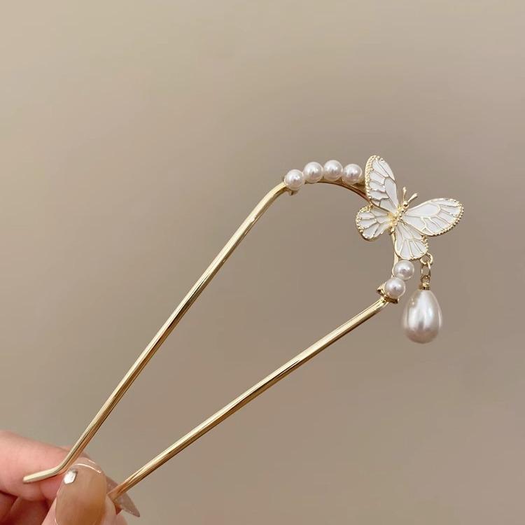 Gentle Butterfly Pearl Glaze Chinese U-Shaped Hairpin for Daily Wear